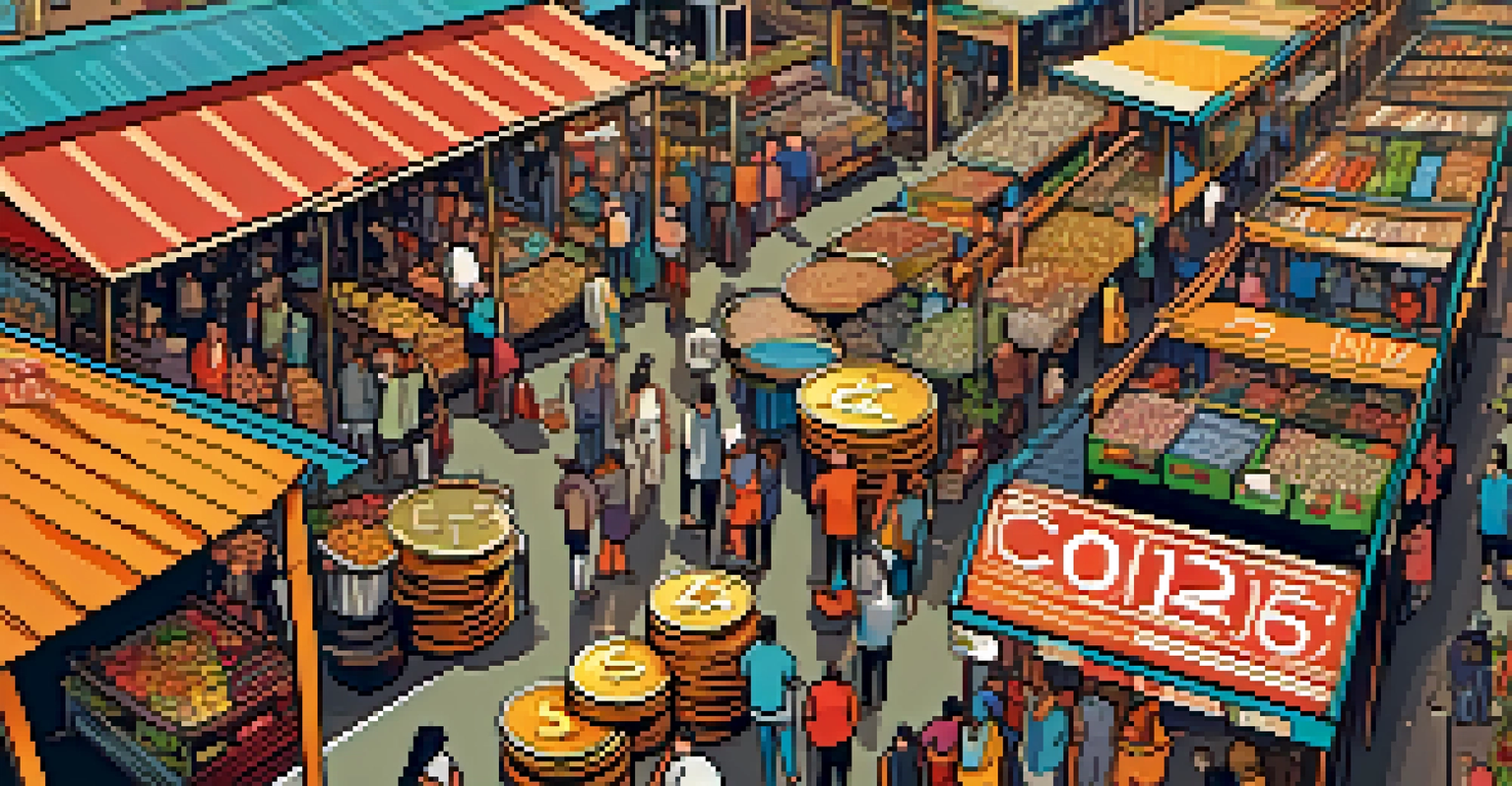 A lively market scene from above, showcasing stalls with colorful cryptocurrency coins, where people exchange goods and services with digital screens displaying trends.