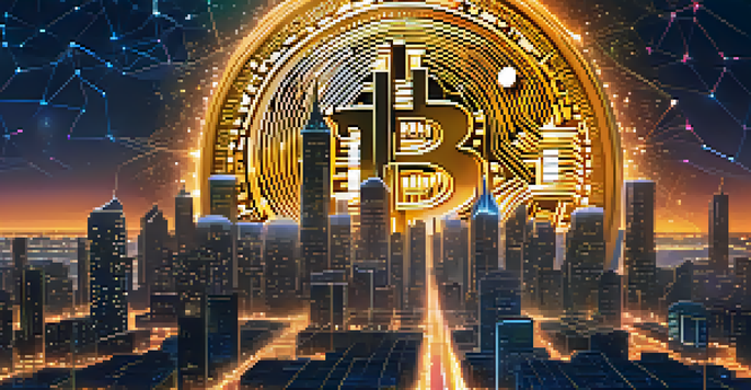 A futuristic city skyline at night with a floating gold Bitcoin symbol and glowing blockchain nodes.