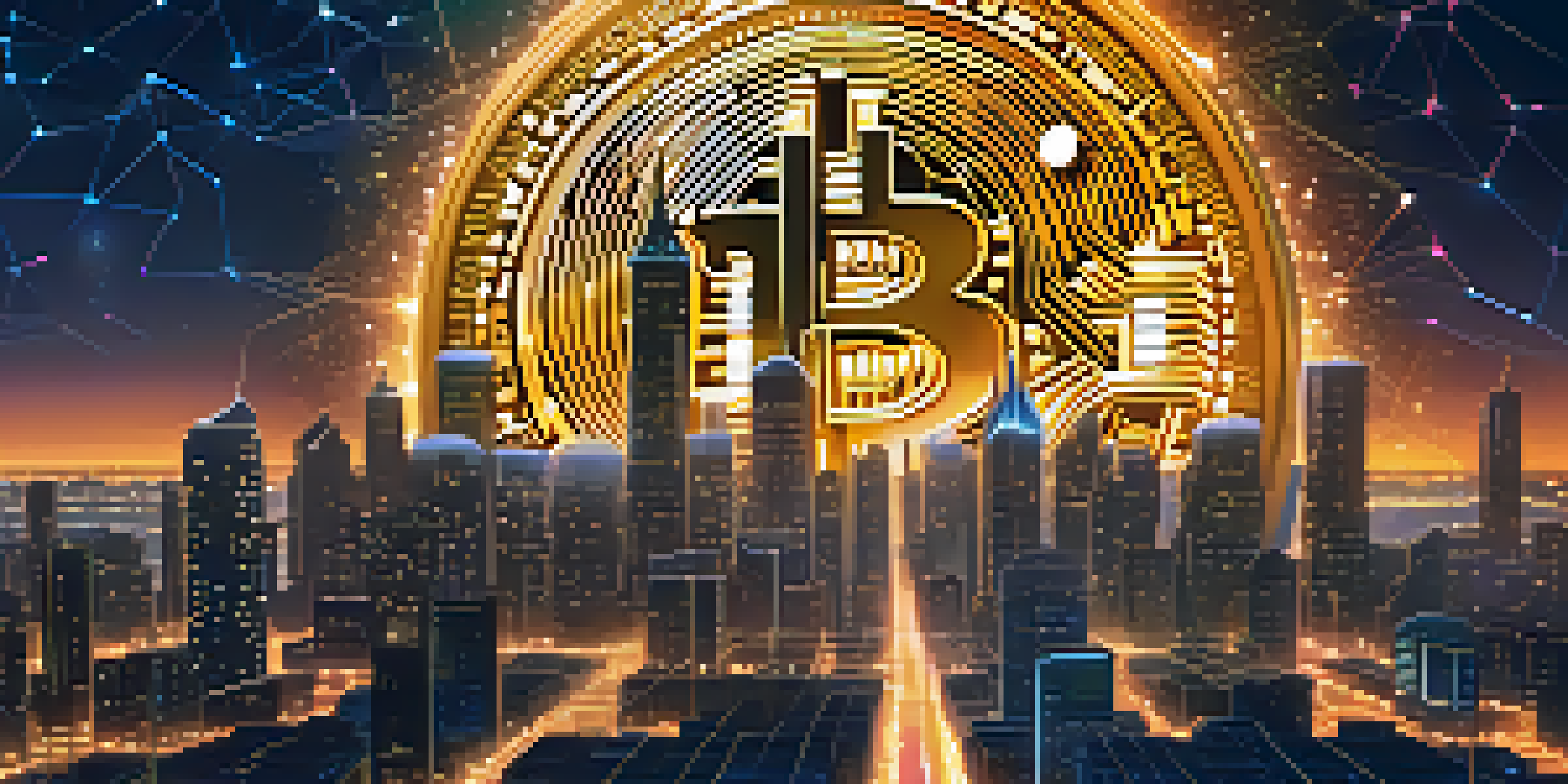 A futuristic city skyline at night with a floating gold Bitcoin symbol and glowing blockchain nodes.