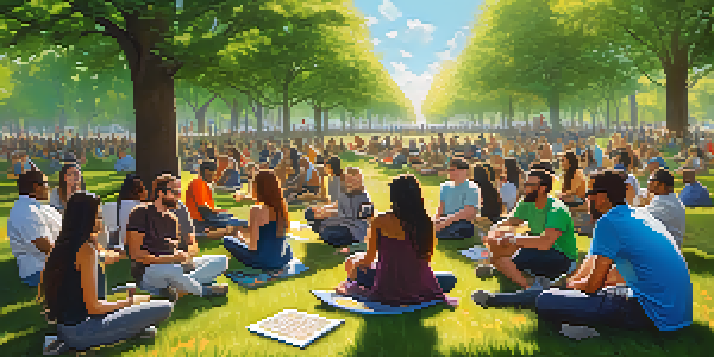A lively outdoor Bitcoin meetup in a park with people sitting on the grass and sharing ideas.