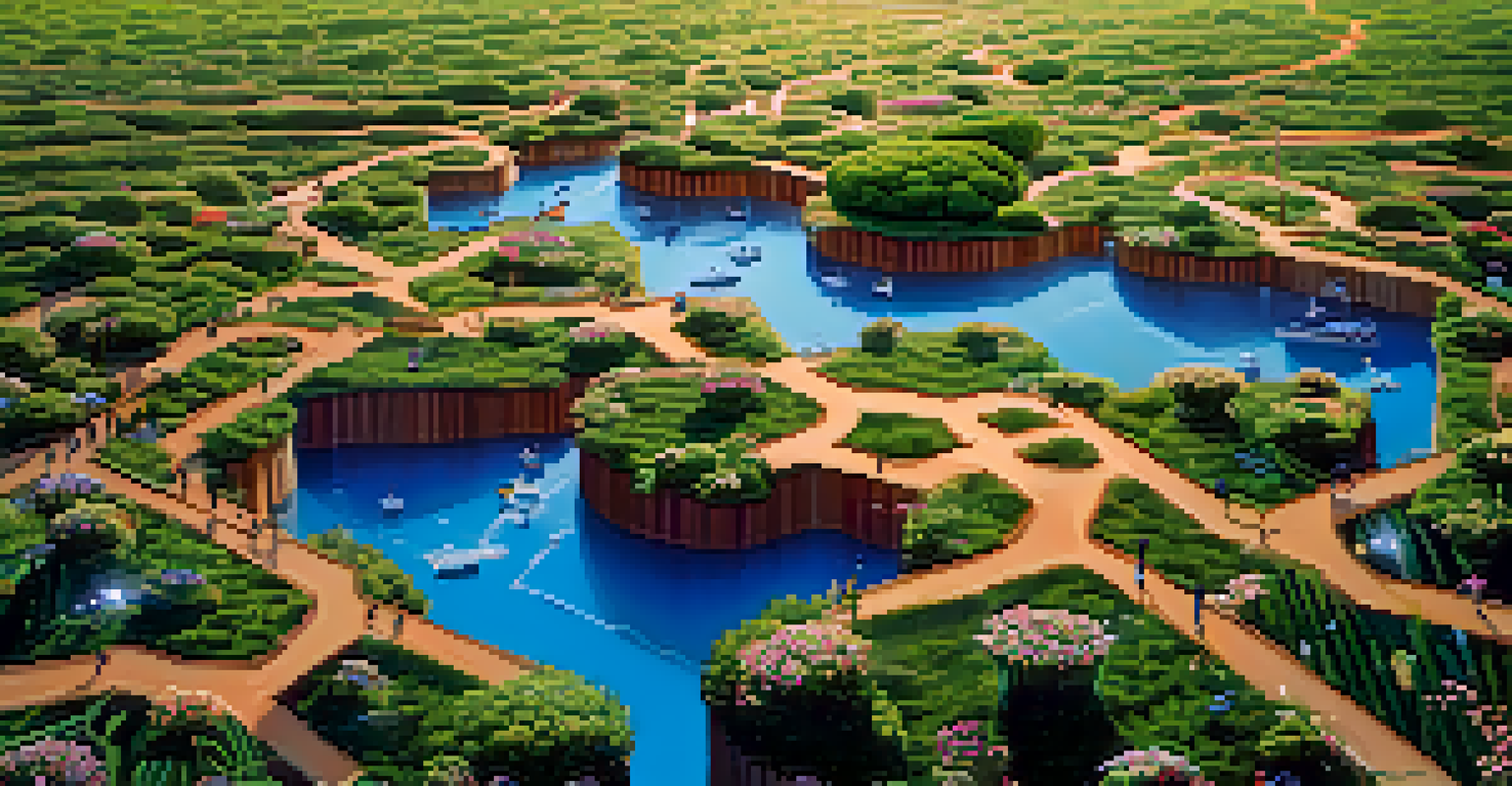 A digital landscape illustrating Bitcoin forks as diverging paths leading to various Bitcoin logos under a clear blue sky.
