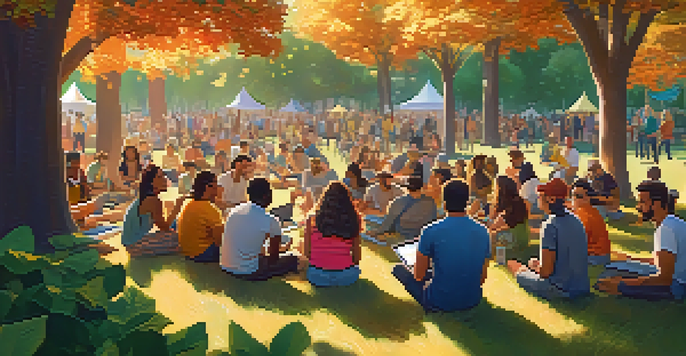 A diverse group of people in a park engaged in a community gathering focused on learning about Bitcoin, with laptops and smartphones present.