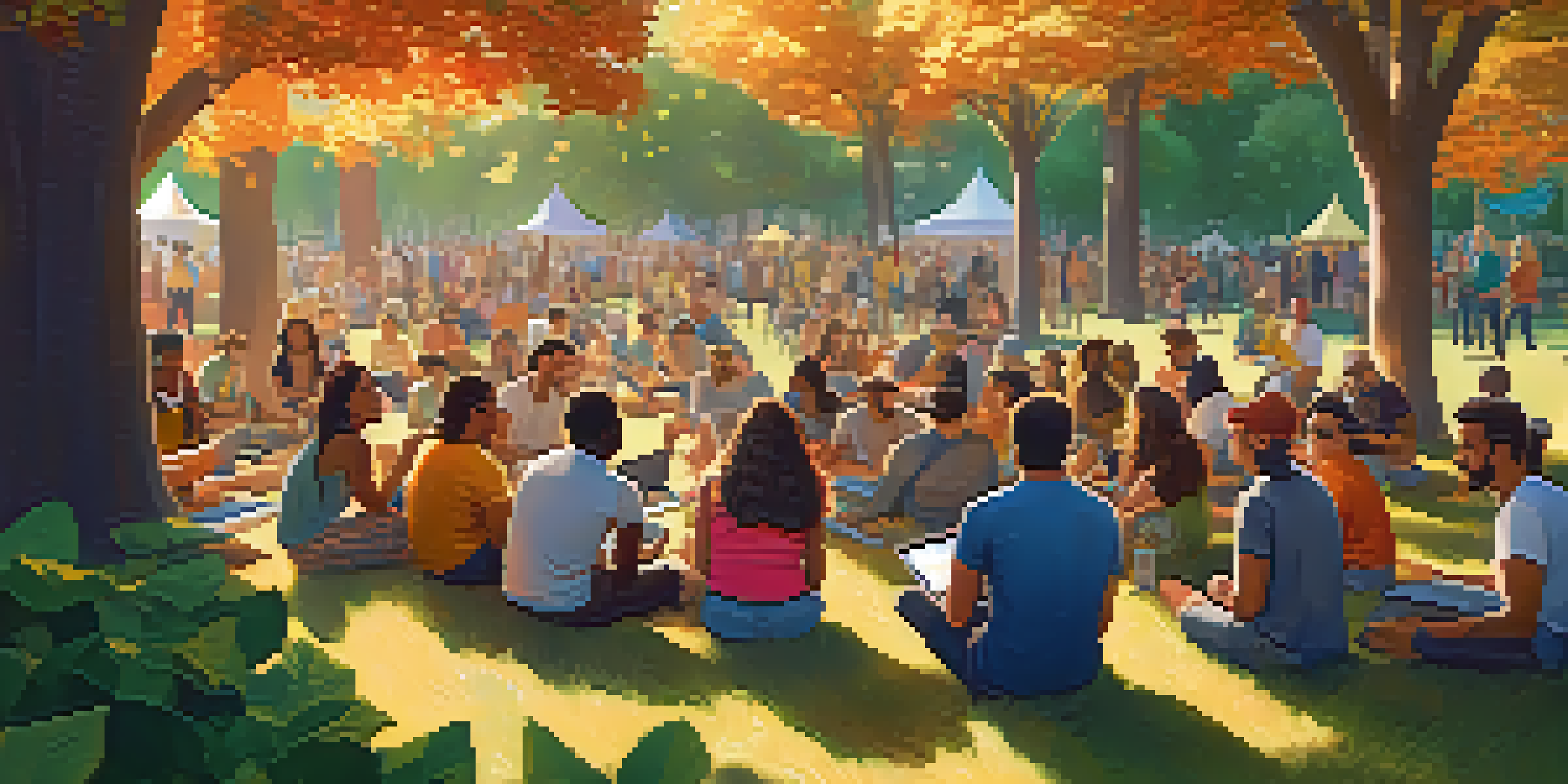 A diverse group of people in a park engaged in a community gathering focused on learning about Bitcoin, with laptops and smartphones present.