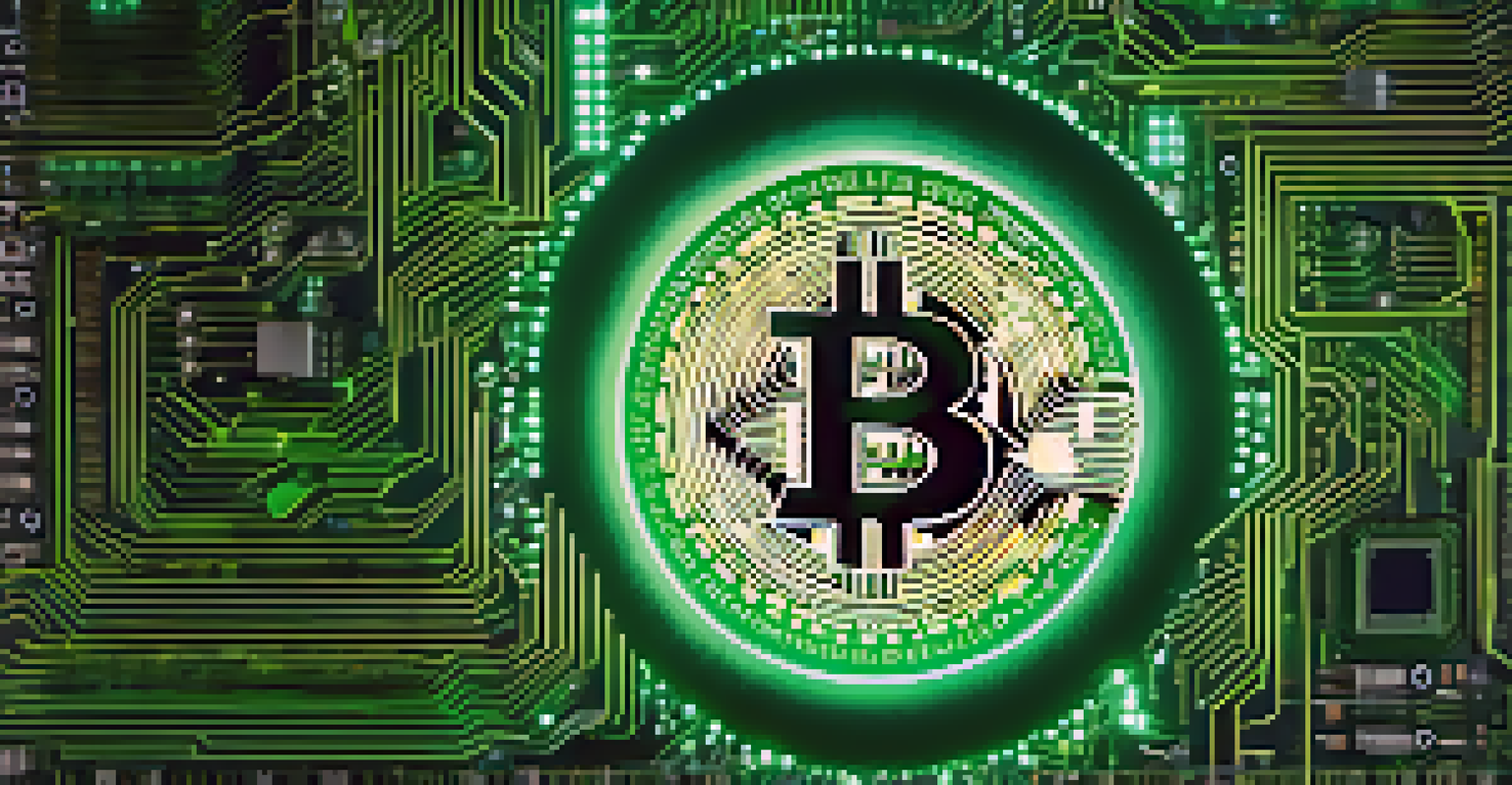 An abstract image combining Earth, digital circuits, and Bitcoin symbols, representing sustainability and technology.