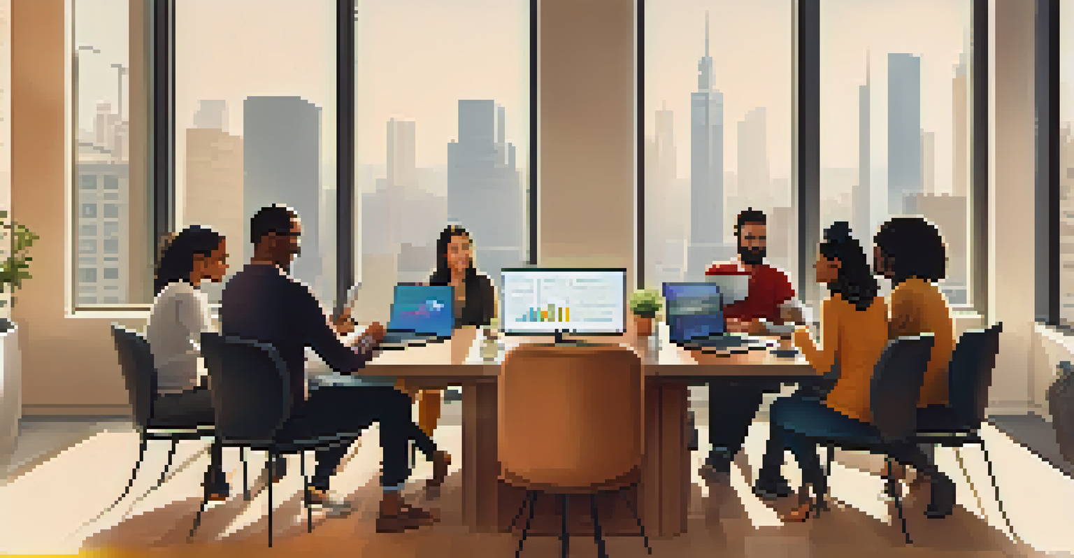 A group of diverse individuals collaborating on decentralized finance, using technology and discussing ideas.
