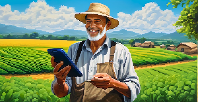 A rural farmer smiling while using a smartphone in a green field, representing empowerment through Bitcoin transactions.