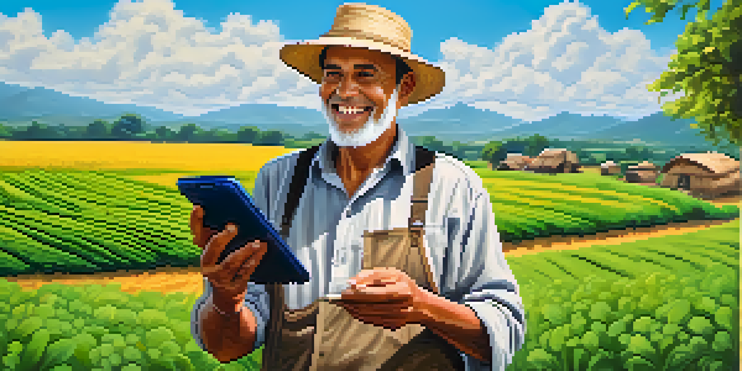A rural farmer smiling while using a smartphone in a green field, representing empowerment through Bitcoin transactions.