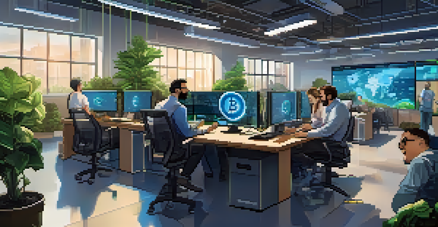 A diverse group of Bitcoin miners working together in a modern office with eco-friendly elements and technology.