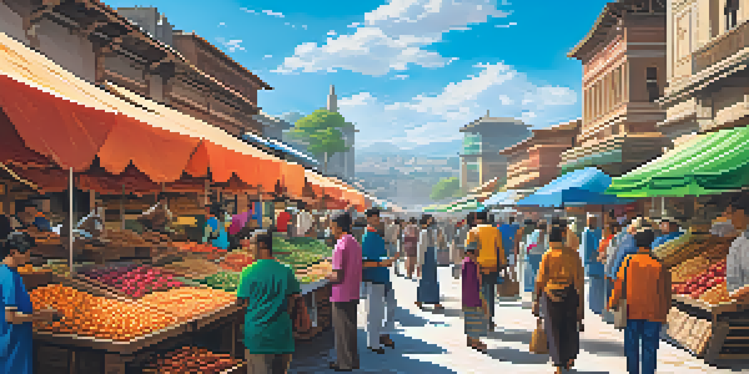 A busy marketplace with various stalls, people trading goods, and a digital Bitcoin logo in the background.