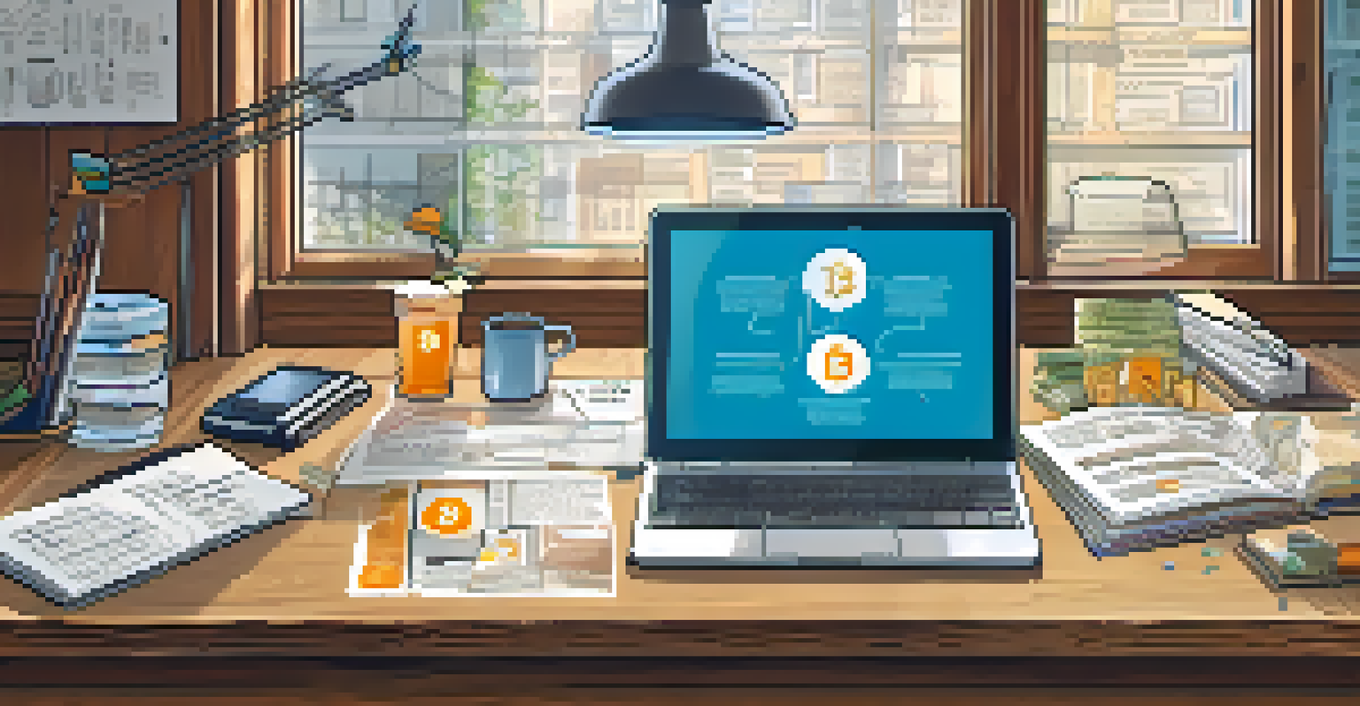 An infographic on a desk explaining the benefits of Bitcoin donations, with colorful icons and a warm workspace environment.