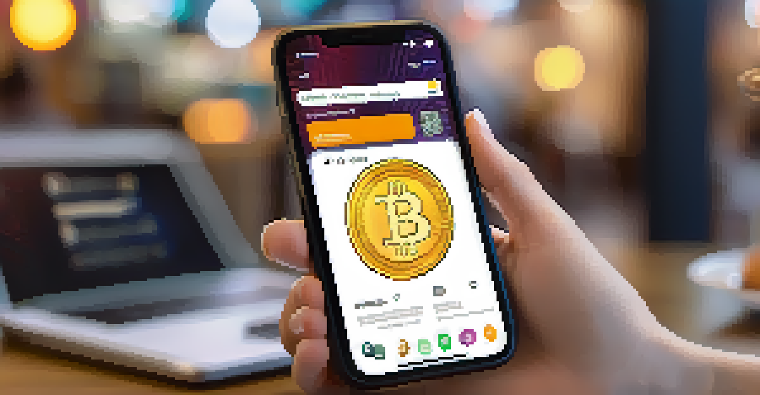 A close-up of a hand holding a smartphone with a digital wallet app showing Bitcoin and CBDC options, in a café setting.