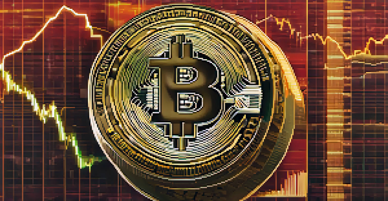 A shining Bitcoin coin in front of fluctuating financial charts, representing volatility in the market.