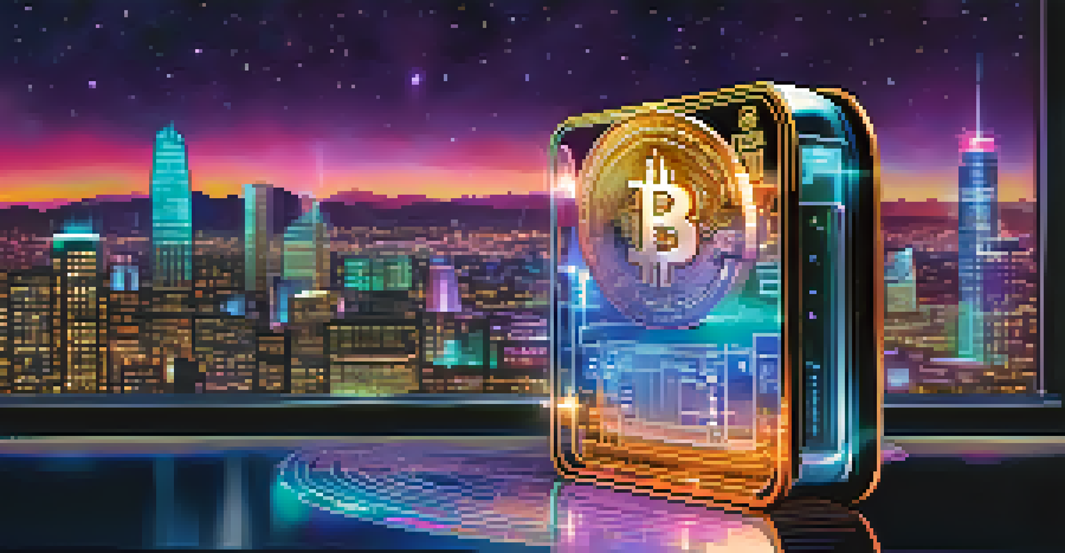 A futuristic Bitcoin wallet with glowing symbols and a high-tech city in the background.
