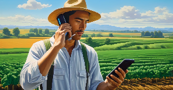 A farmer in a green field using a mobile phone for a Bitcoin transaction, with crops and a blue sky in the background.