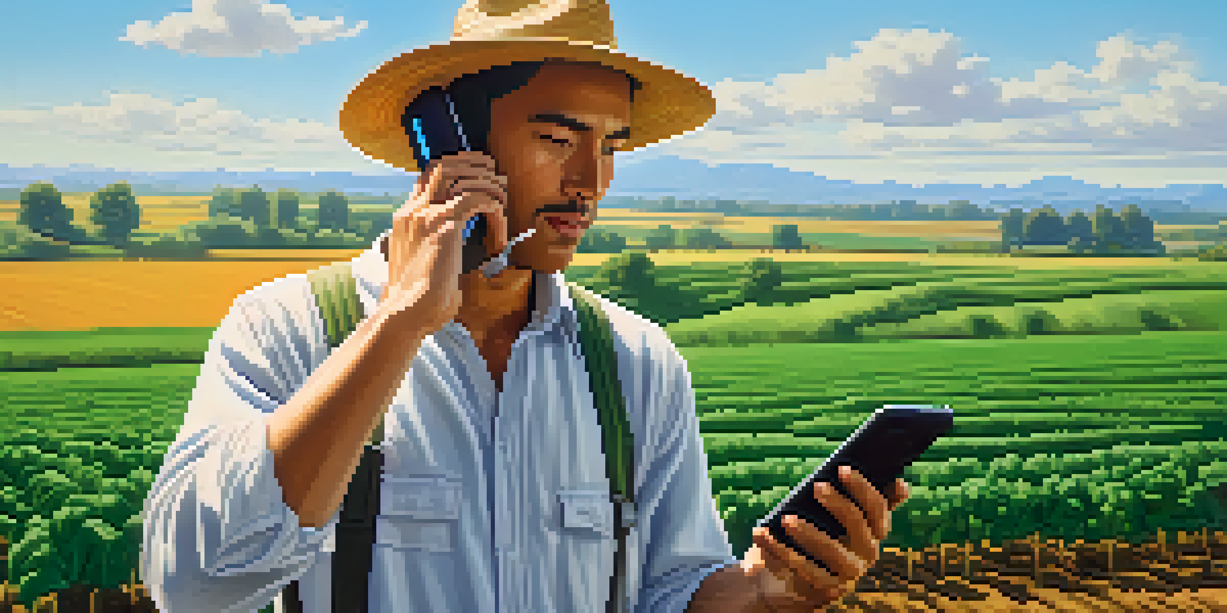 A farmer in a green field using a mobile phone for a Bitcoin transaction, with crops and a blue sky in the background.