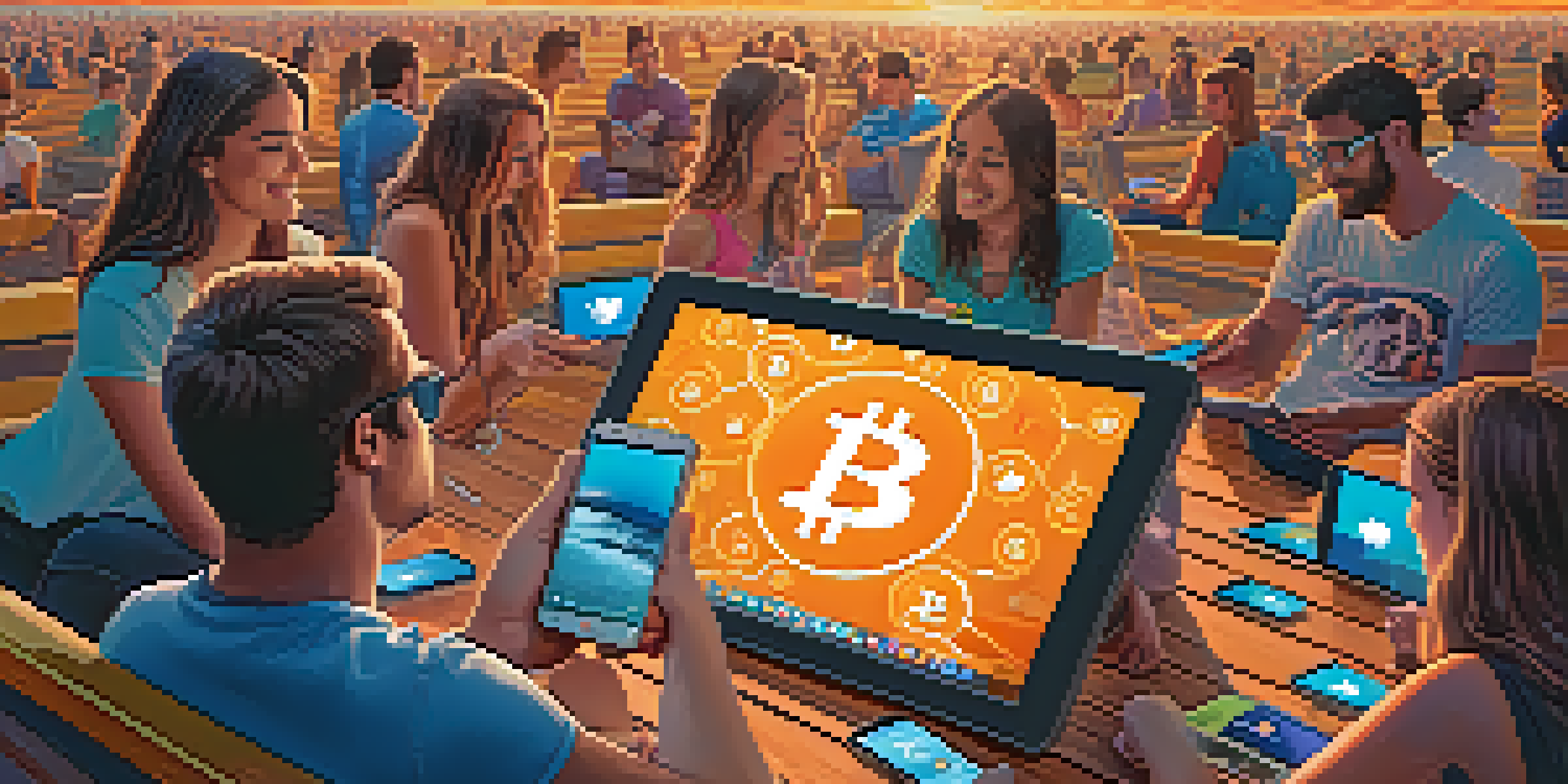 A group of young adults interacting with their smartphones and laptops, surrounded by floating Bitcoin symbols, under a warm sunset glow.