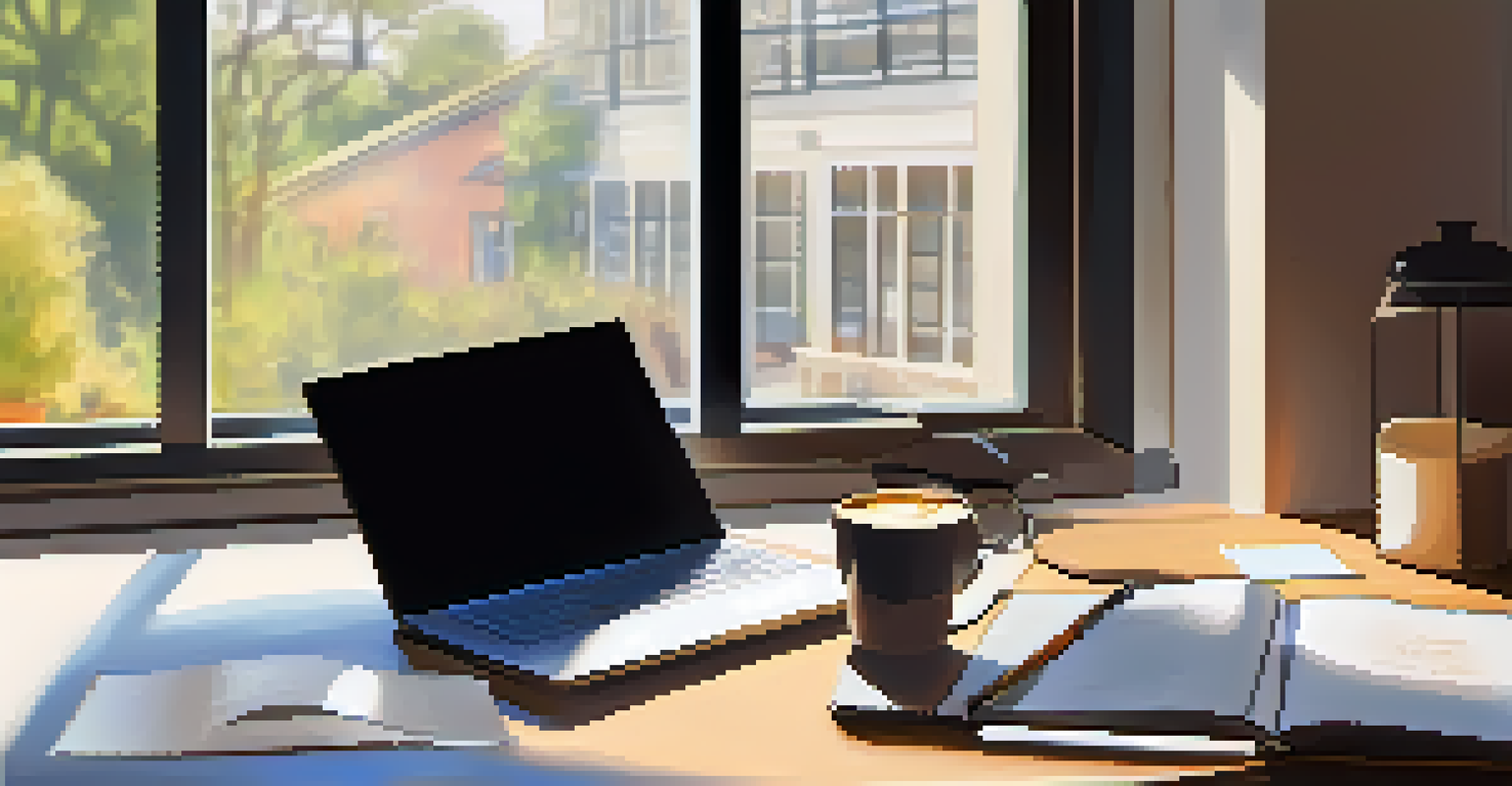 A workspace with a laptop showing Bitcoin wallet research, a notepad, and a smartphone beside a coffee cup, illuminated by natural light.