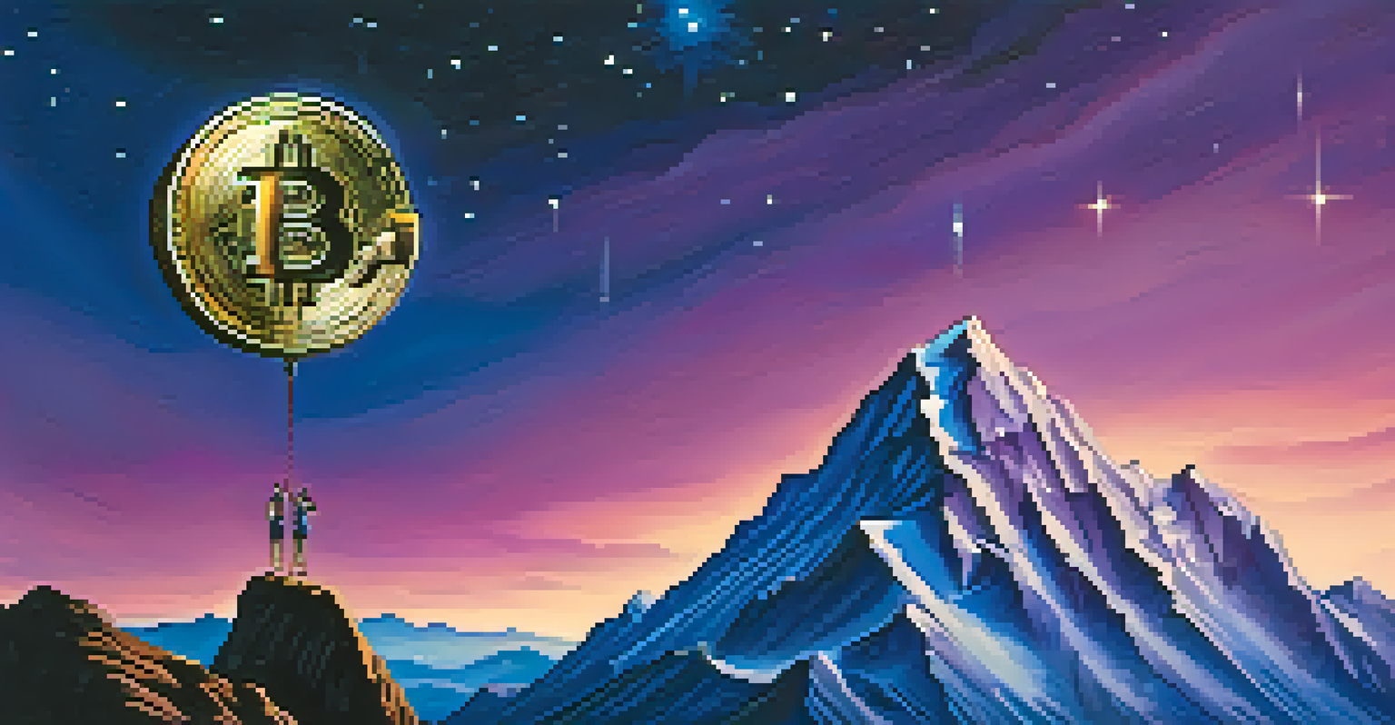 A mountain range representing Bitcoin's volatility with a Bitcoin symbol in the foreground.