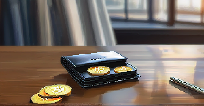 A close-up of a modern Bitcoin wallet on a wooden table with a digital screen showing balances and coins scattered around, illuminated by soft sunlight.