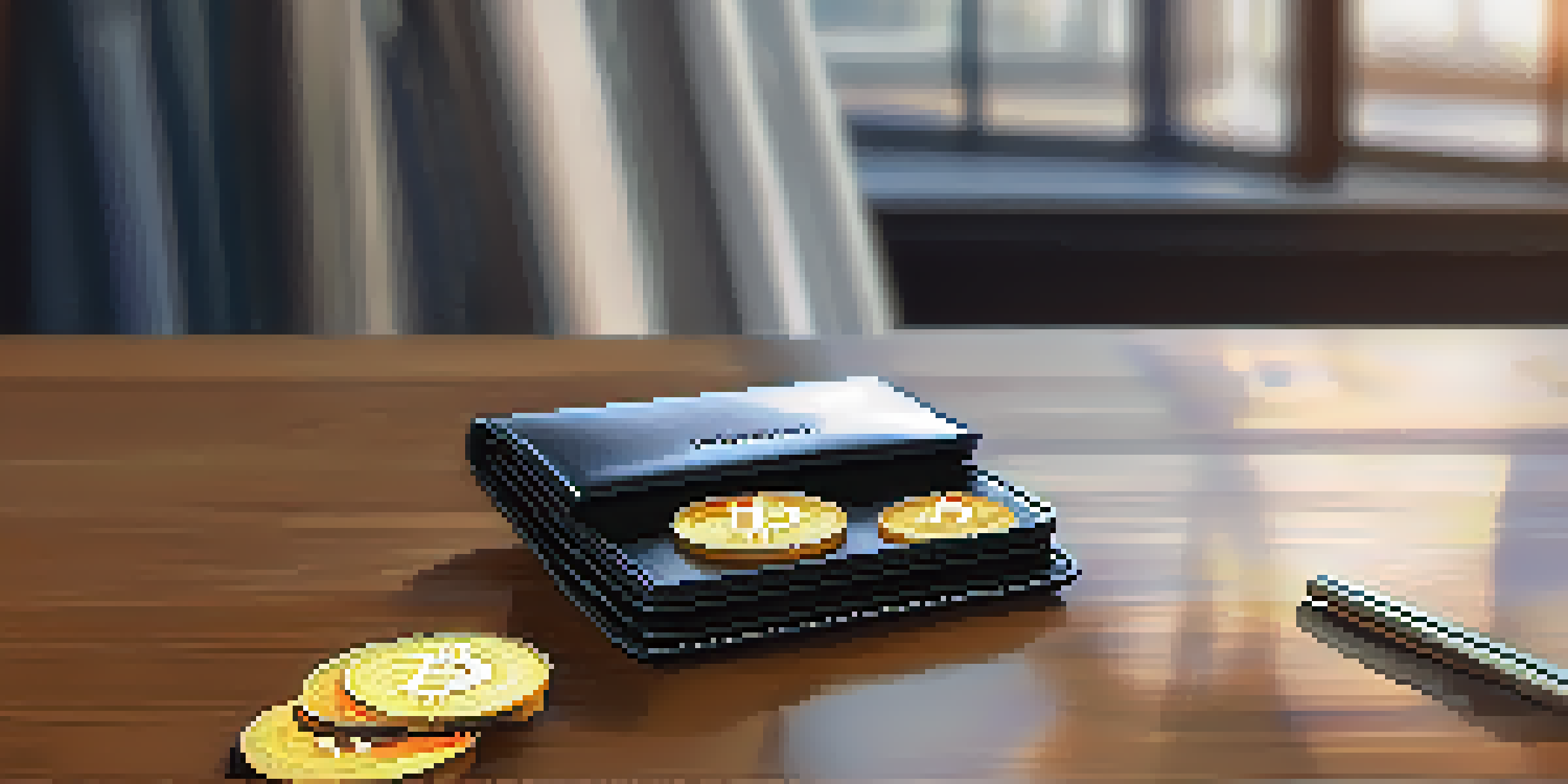 A close-up of a modern Bitcoin wallet on a wooden table with a digital screen showing balances and coins scattered around, illuminated by soft sunlight.