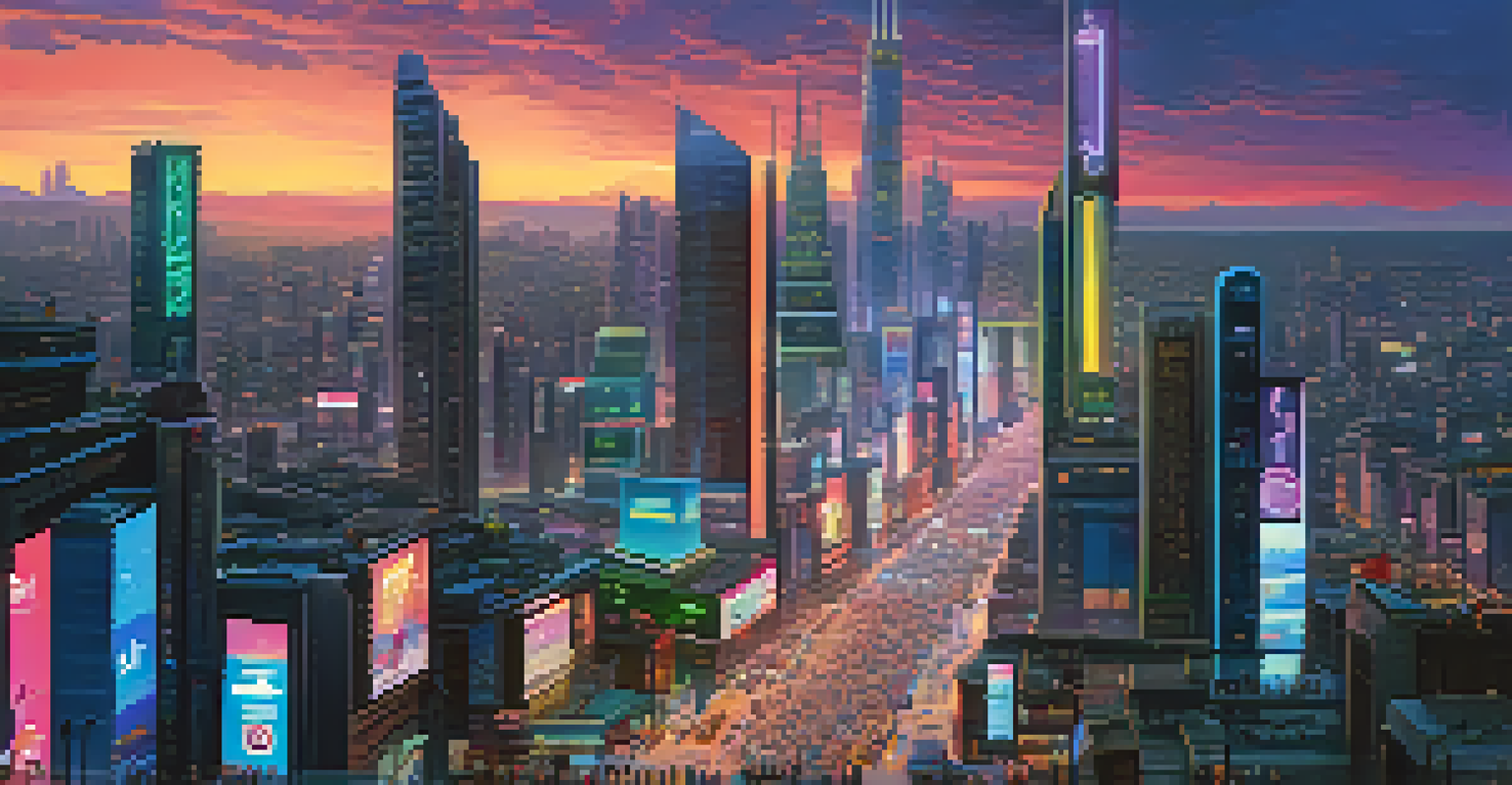 A vibrant futuristic city skyline illuminated by neon lights at dusk, with busy streets filled with people and futuristic vehicles.