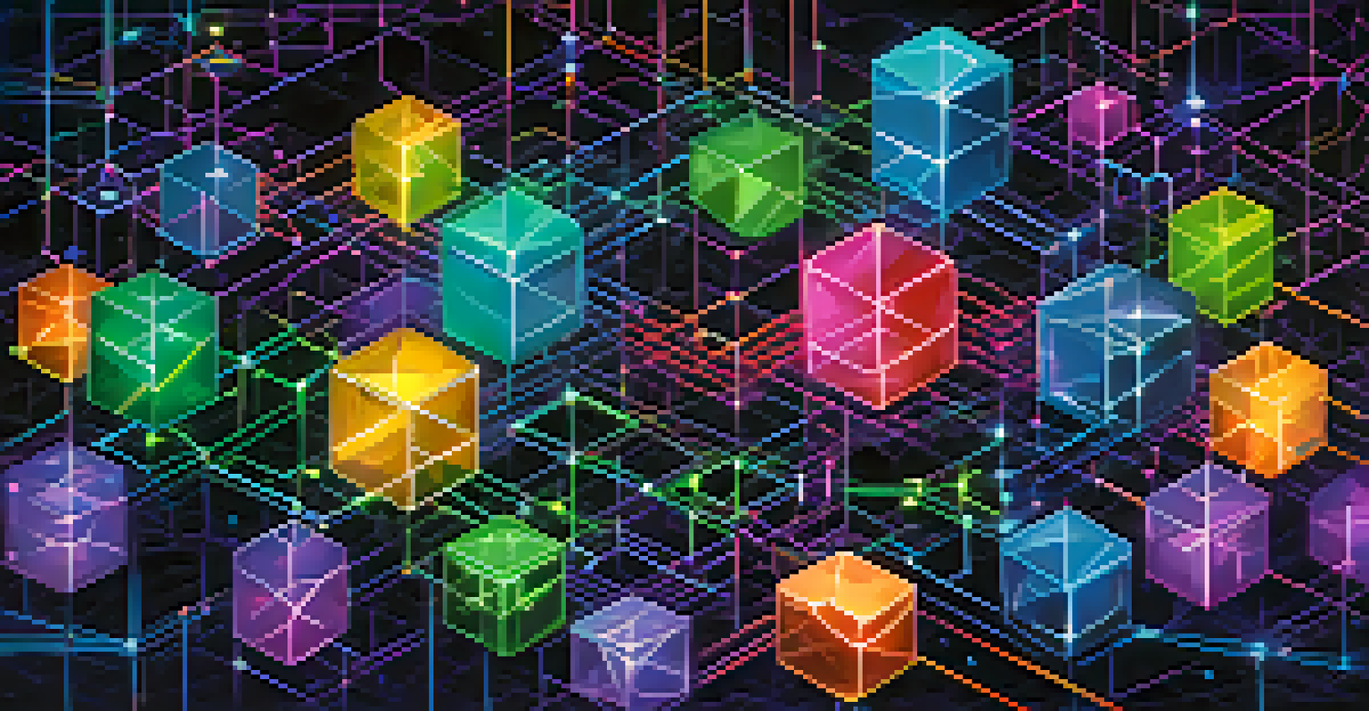 An artistic depiction of a colorful blockchain network with glowing interconnected blocks.