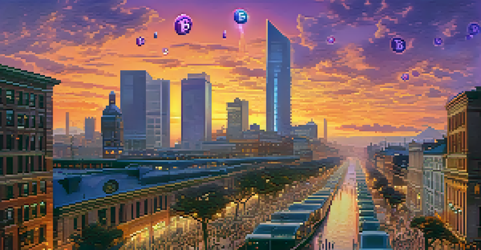 A city skyline at sunset with traditional banks and digital currency symbols, featuring people using smartphones.