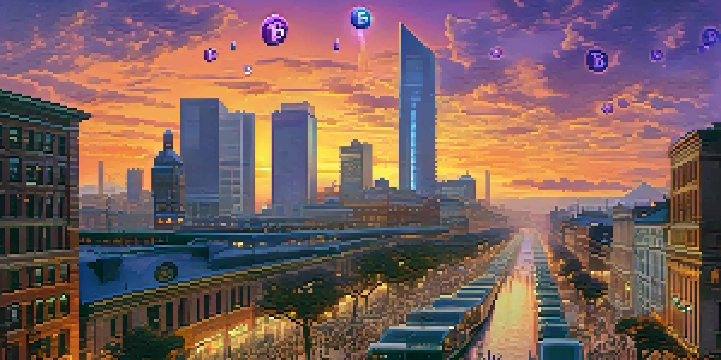 A city skyline at sunset with traditional banks and digital currency symbols, featuring people using smartphones.