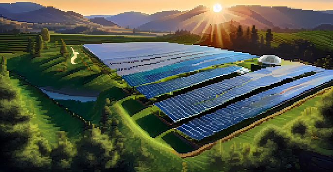 A peaceful landscape with solar panels and a Bitcoin mining facility surrounded by mountains and greenery.