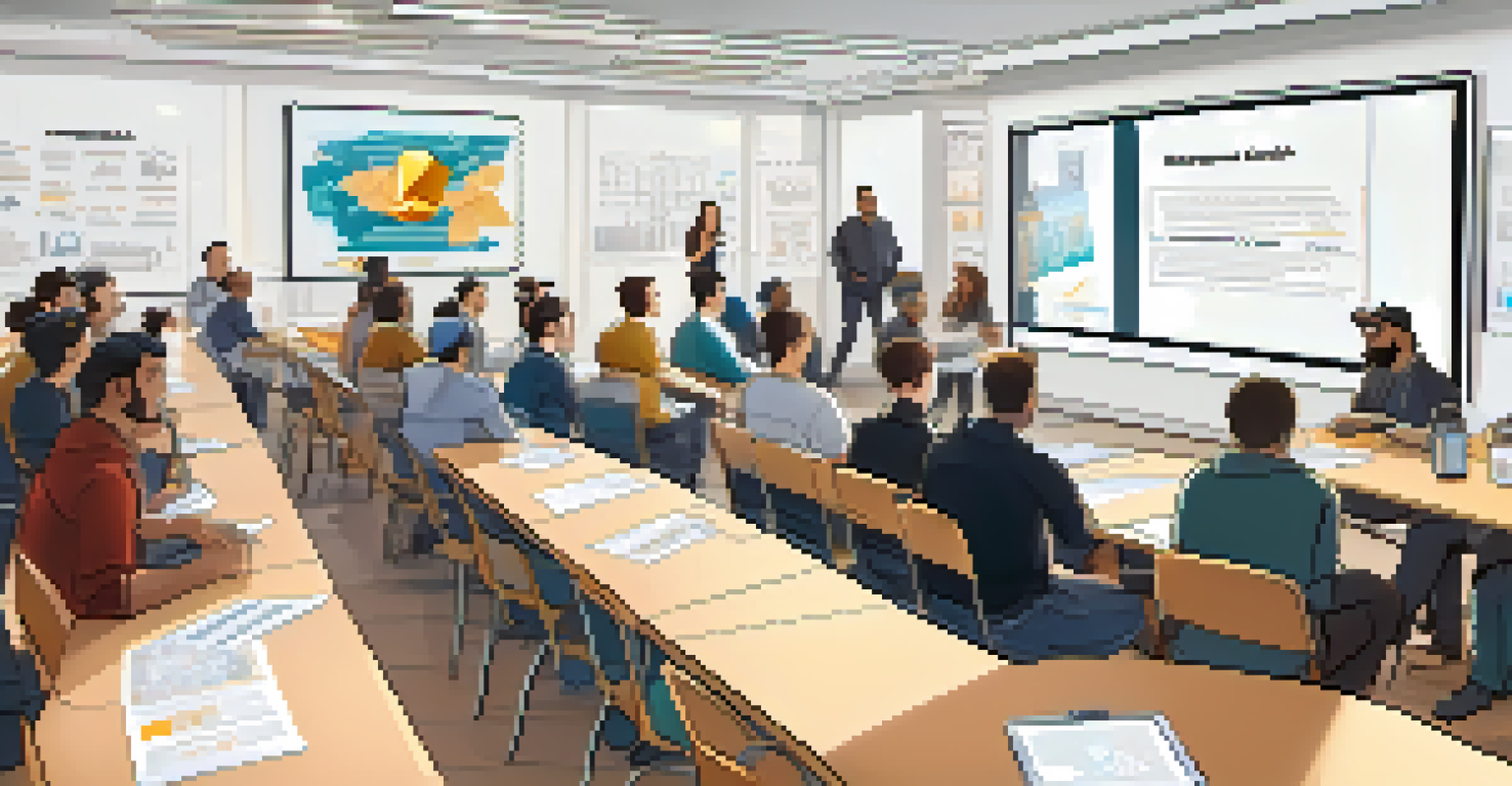 A workshop with people learning about Bitcoin, a presenter showing information on a screen.