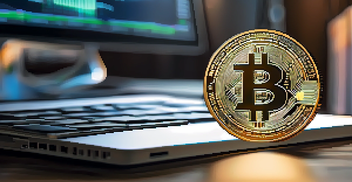 A shiny Bitcoin coin on a wooden table with a blurred modern office scene in the background.