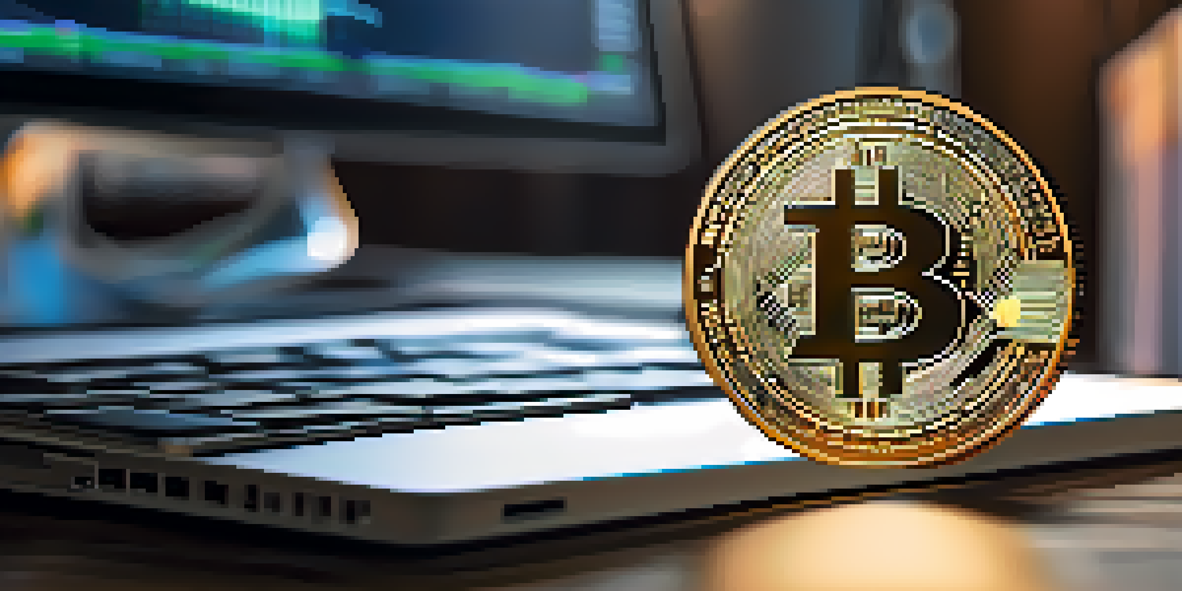 A shiny Bitcoin coin on a wooden table with a blurred modern office scene in the background.