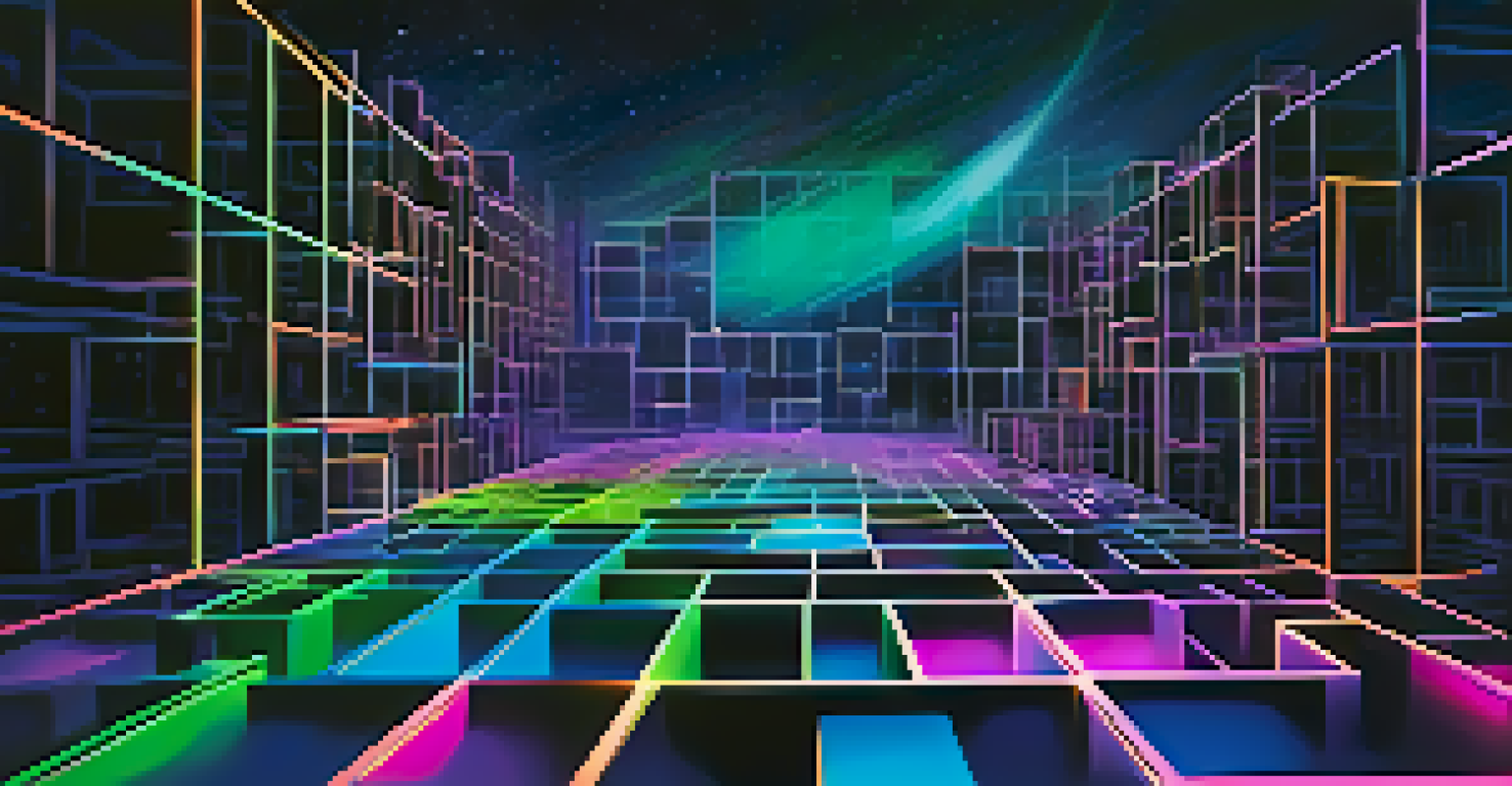 An abstract visualization of blockchain technology with glowing interconnected blocks in a dark space.