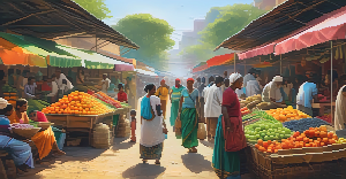 A busy street market filled with fresh produce and local crafts, with people interacting and colorful awnings overhead.
