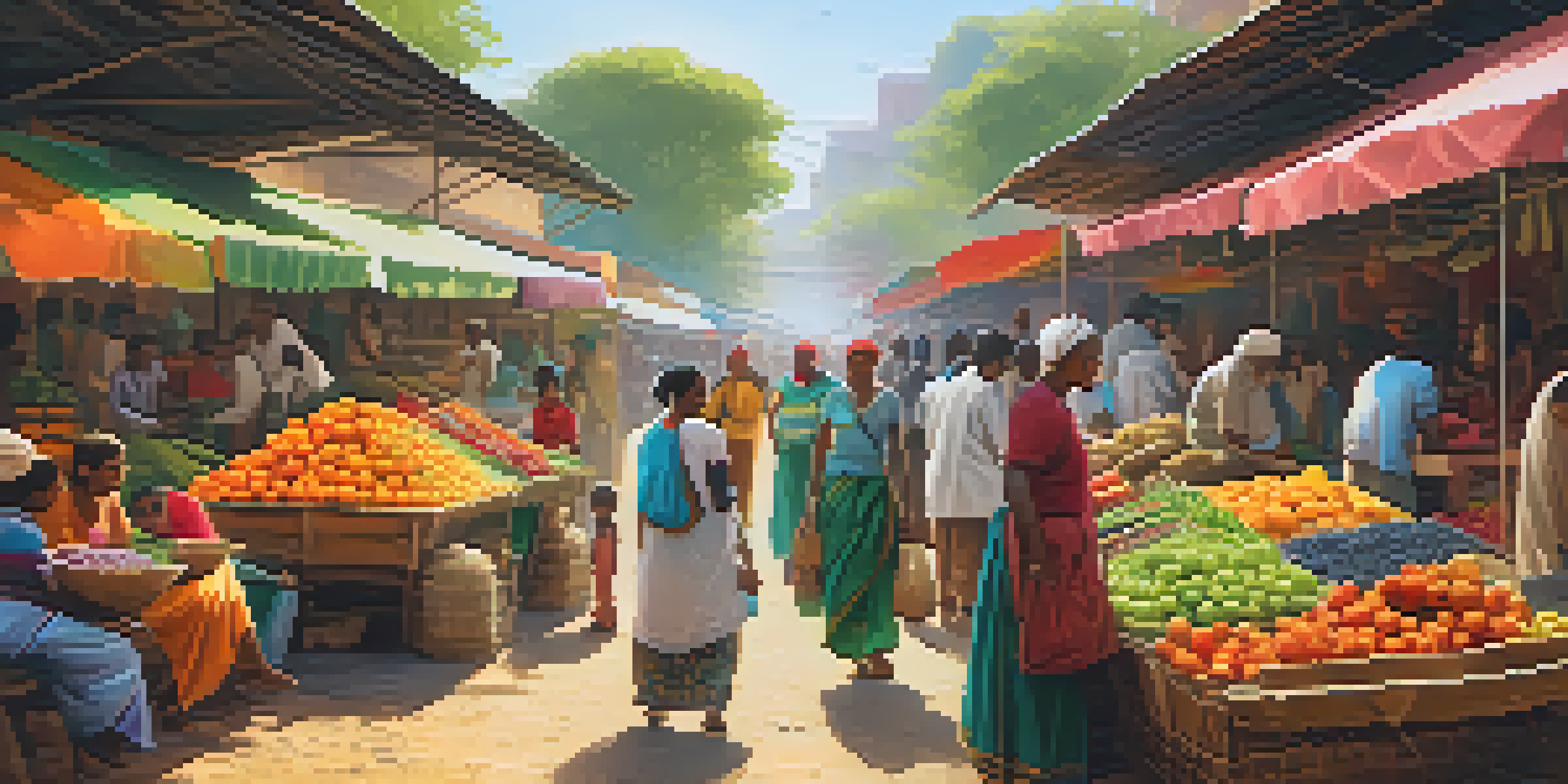 A busy street market filled with fresh produce and local crafts, with people interacting and colorful awnings overhead.
