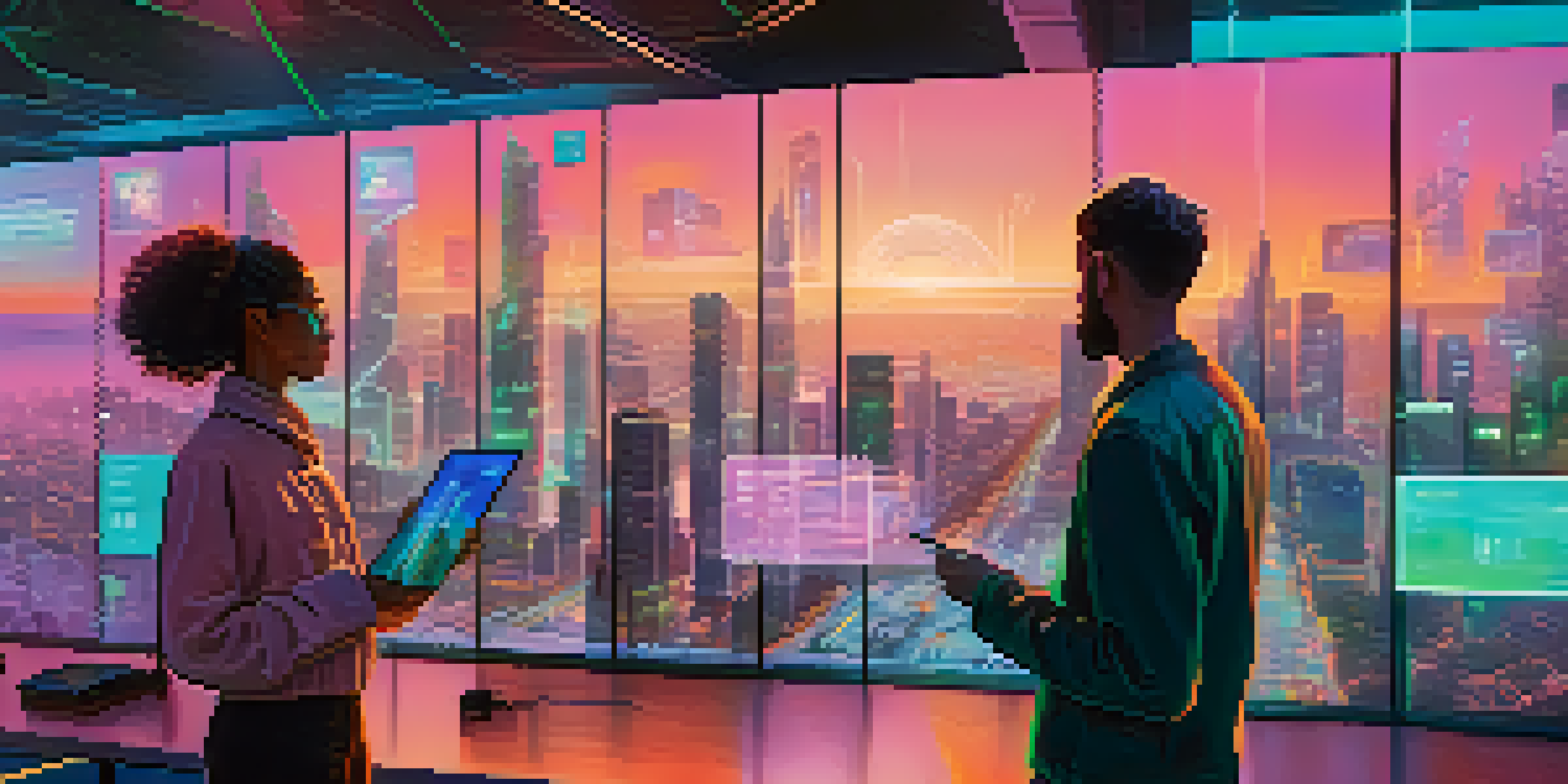 A futuristic digital landscape showing diverse individuals interacting with holographic screens related to identity verification, with a city skyline in the background at sunset.
