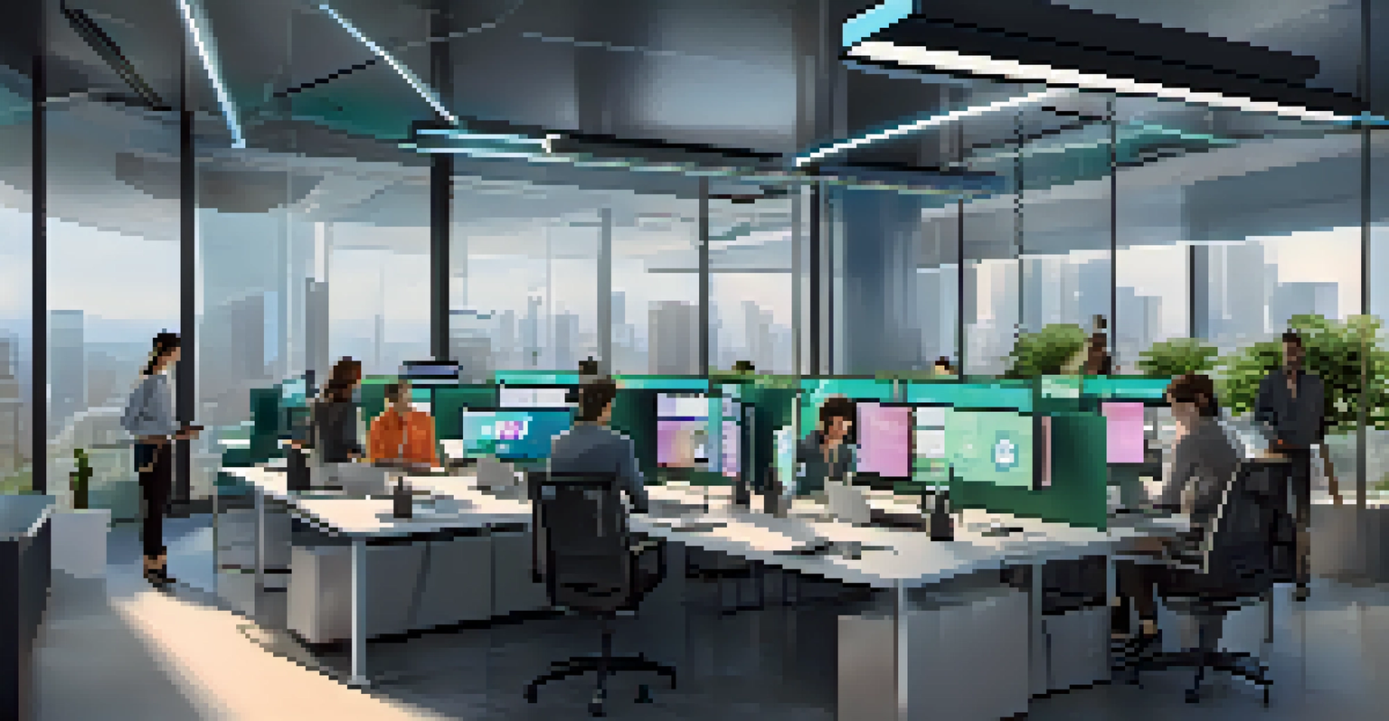 A modern cryptocurrency exchange office featuring professionals collaborating around a digital screen with cryptocurrency data.