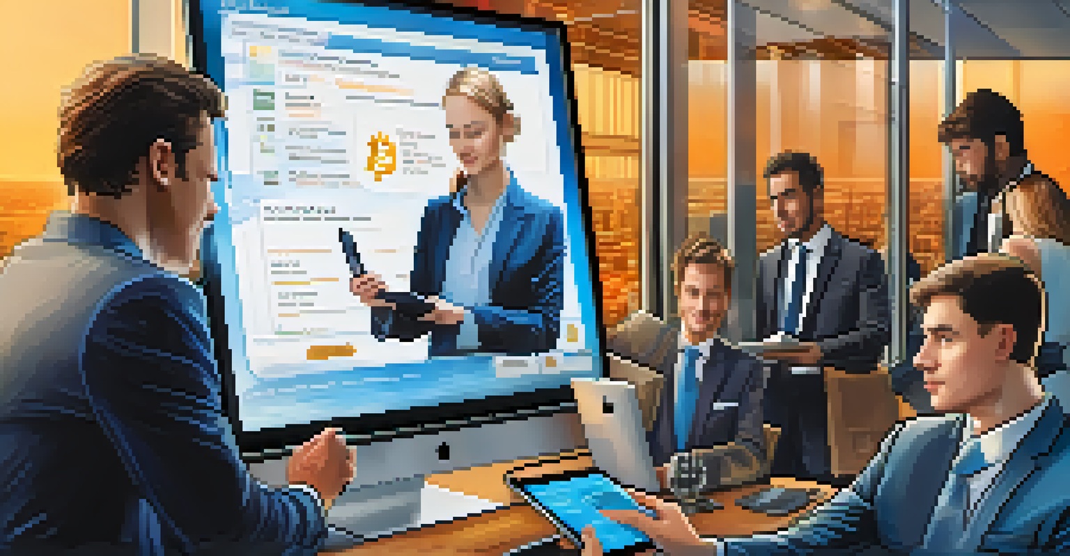 A digital tablet showing a Bitcoin payment interface, with traders in a modern office discussing business in the background.