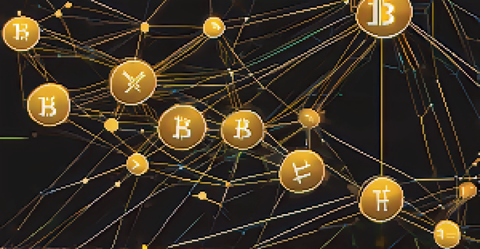 A digital representation of a decentralized Bitcoin network with interconnected nodes and glowing lines against a dark blue background.
