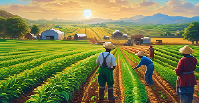 A lively field with diverse farmers using smartphones to transact with Bitcoin, surrounded by lush crops and bright sunlight.