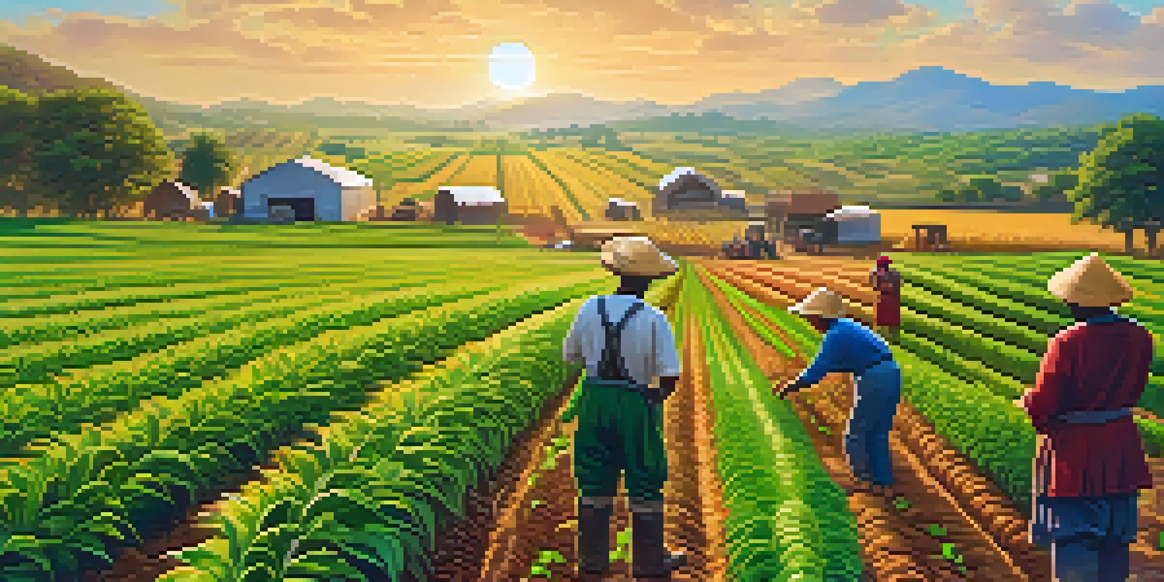 A lively field with diverse farmers using smartphones to transact with Bitcoin, surrounded by lush crops and bright sunlight.