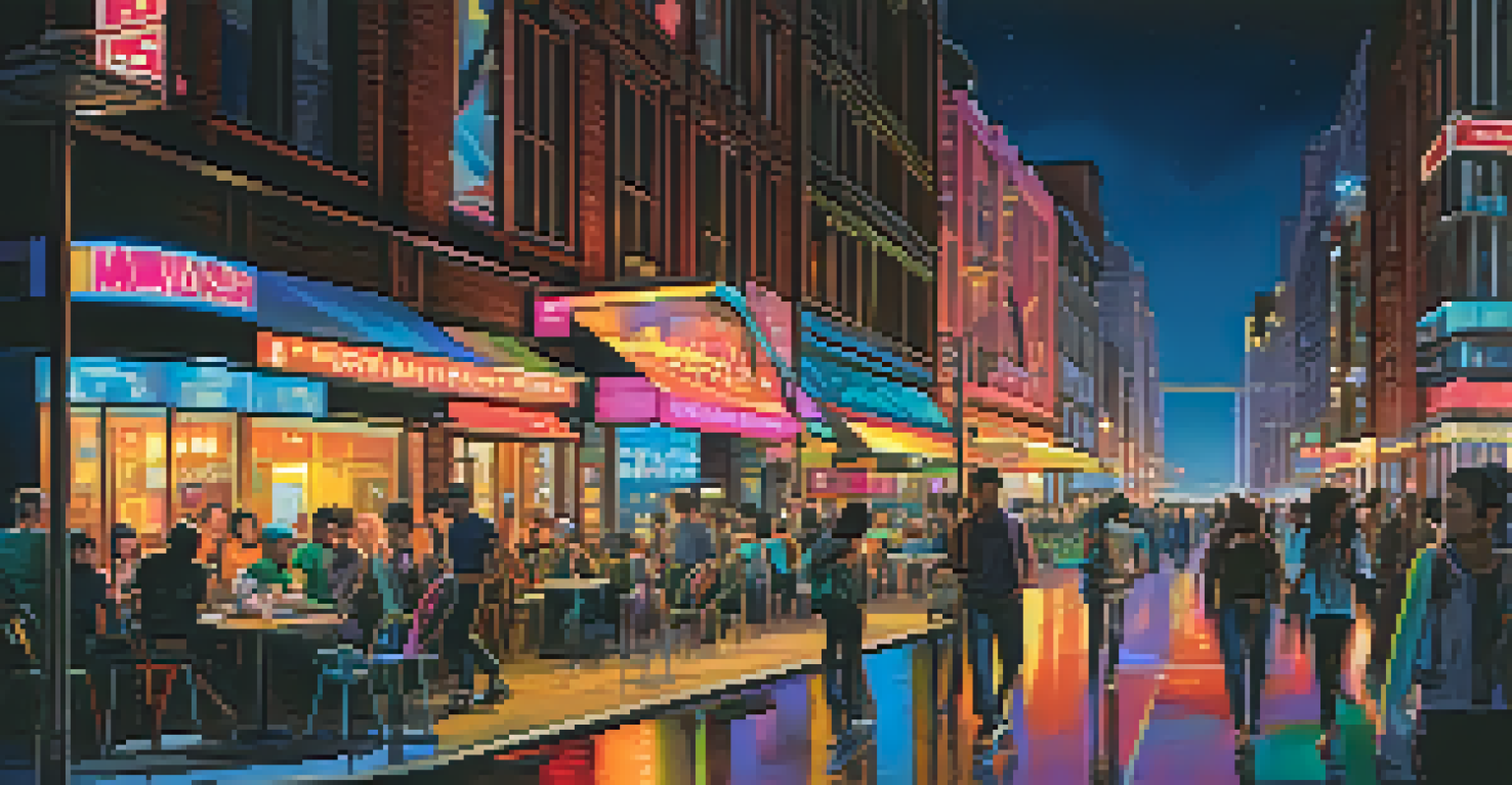 A lively city street at night filled with neon lights, people walking, and modern architecture.
