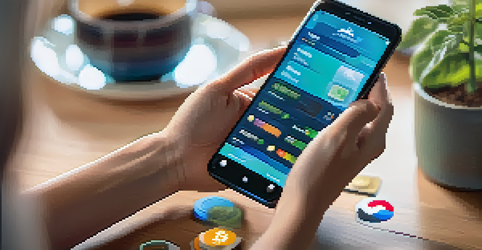 A close-up of a woman's hands using a smartphone with a cryptocurrency wallet app in a cozy home environment.