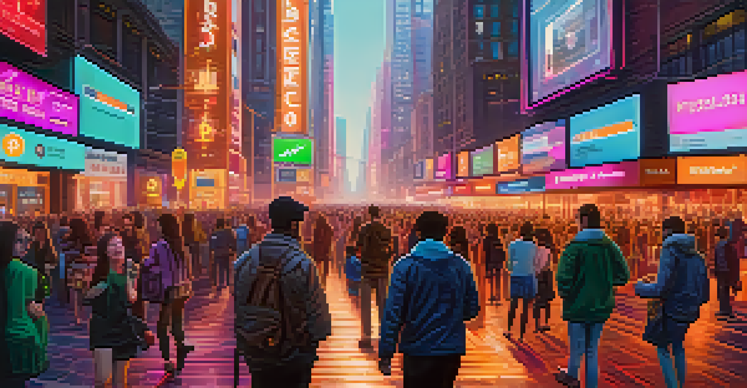 A busy city street filled with people using smartphones for digital transactions, with neon lights and Bitcoin symbols in the background.