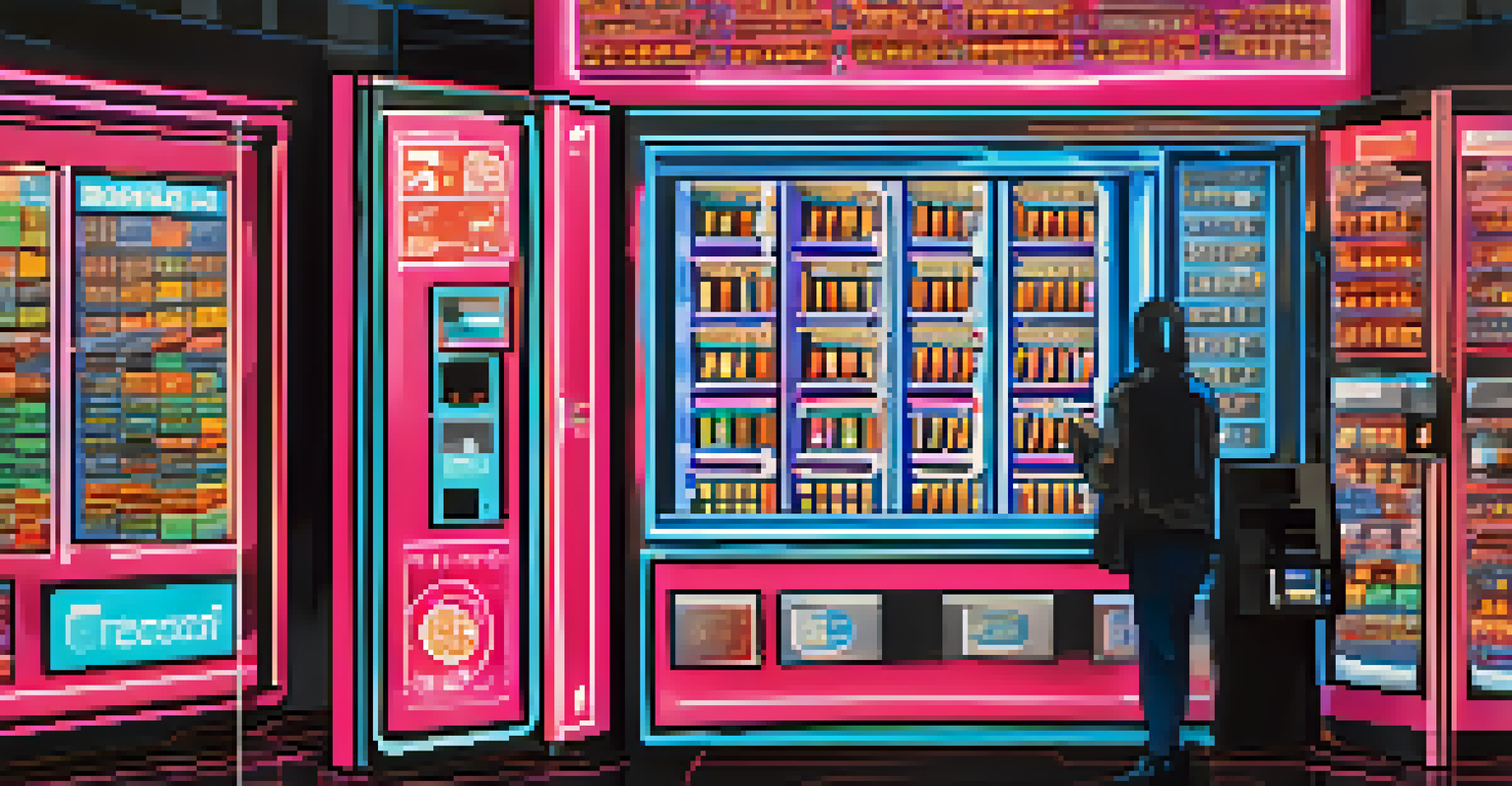 An abstract vending machine filled with digital currencies, symbolizing smart contracts and automation.