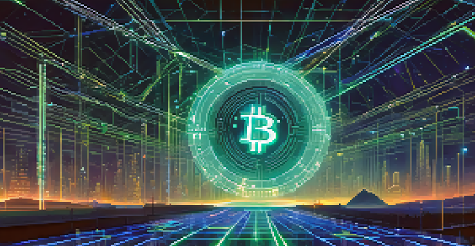 A digital landscape with glowing blockchain nodes and a digital lock symbol, representing secure Bitcoin transactions.