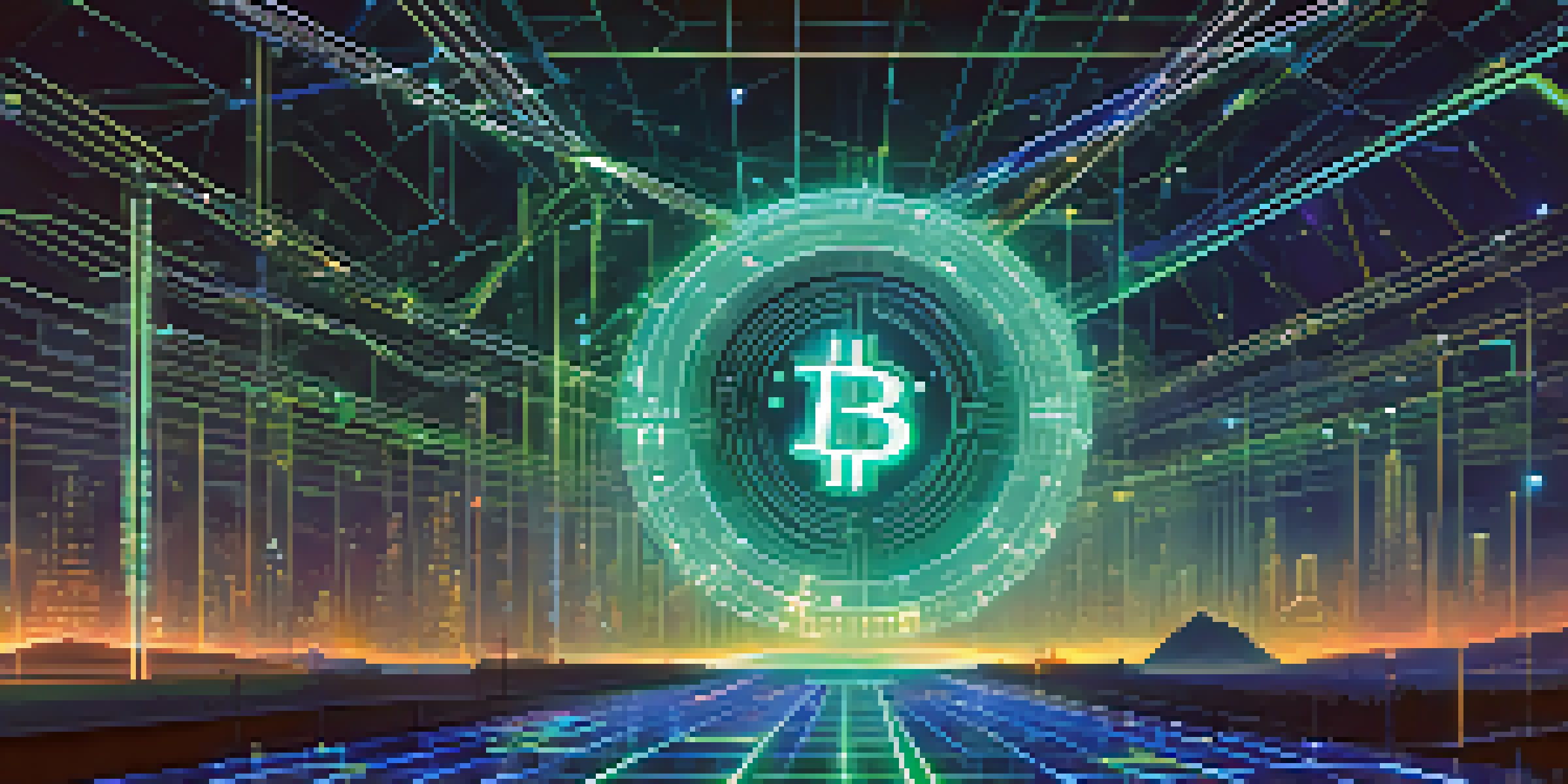 A digital landscape with glowing blockchain nodes and a digital lock symbol, representing secure Bitcoin transactions.