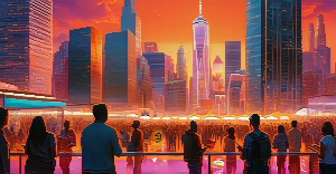 A colorful city skyline during sunset with people engaging in Bitcoin transactions on their smartphones.