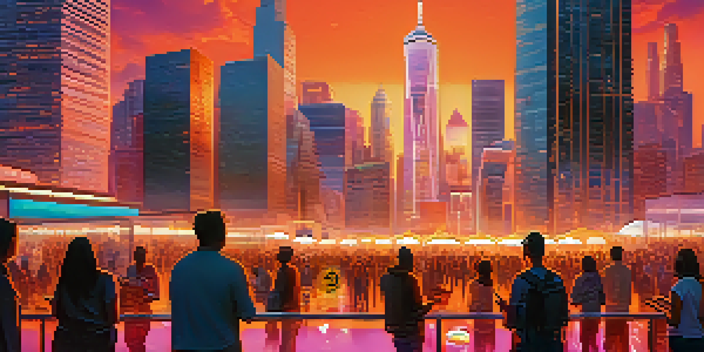 A colorful city skyline during sunset with people engaging in Bitcoin transactions on their smartphones.