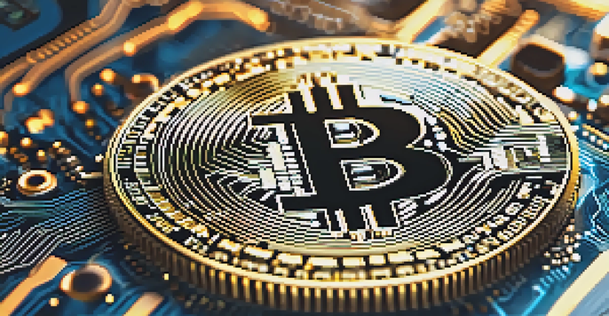 A close-up of a Bitcoin coin on a digital circuit board, illuminated with blue and gold light.